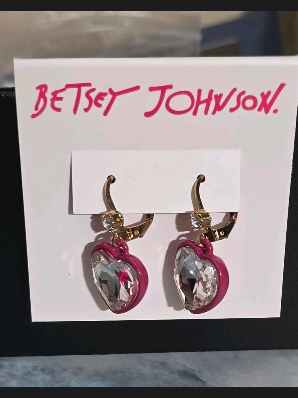 Betsey Johnson Gold-Tone Pink Enamel Heart Crystal Drop Earrings